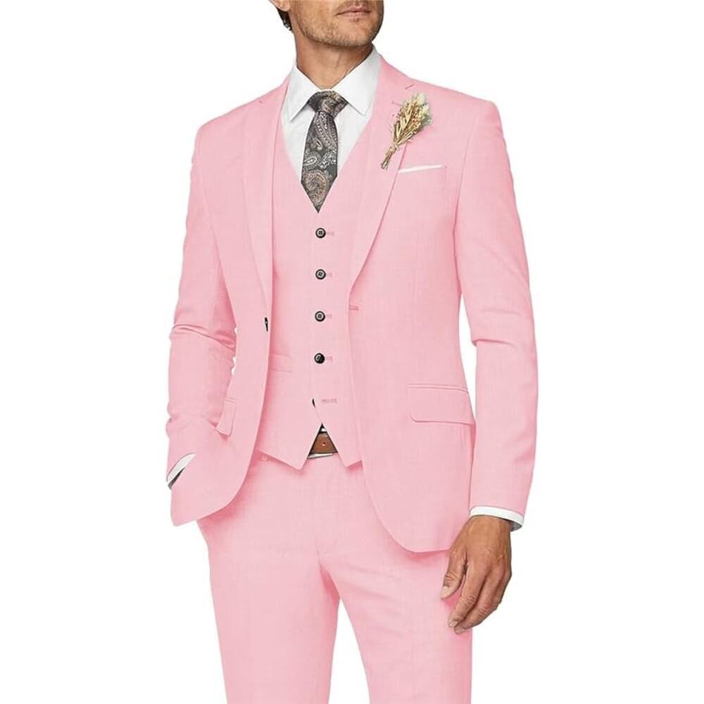 Wangyue Men Suit Slim Fit 3 Piece Checked Suits in Pink, Size M​​​​